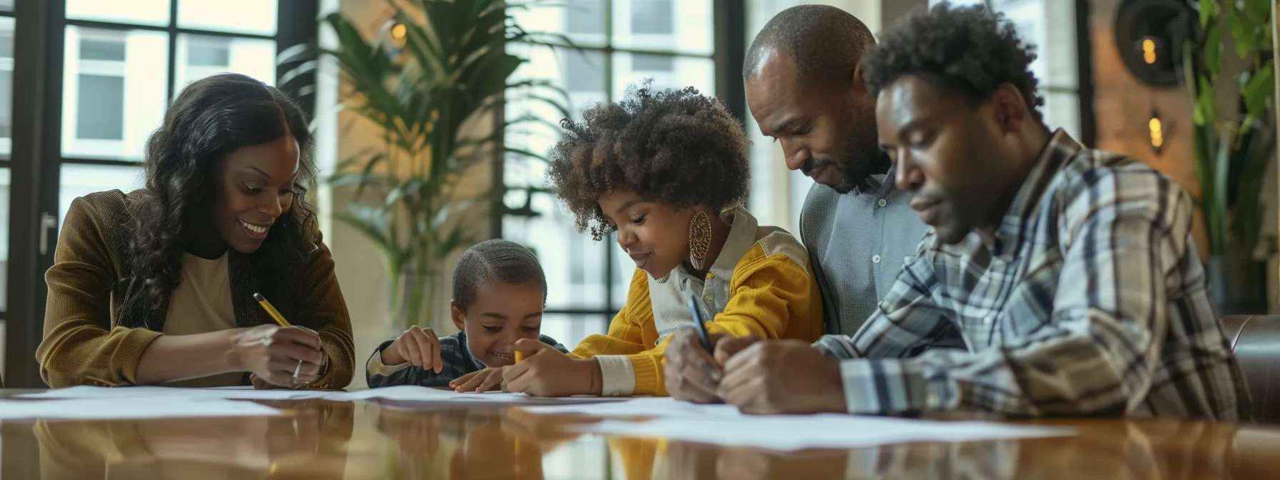 a family gathers around a table signing legal documents for a property transfer, reflecting the diverse scenarios involving grantors and grantees in real estate transactions.