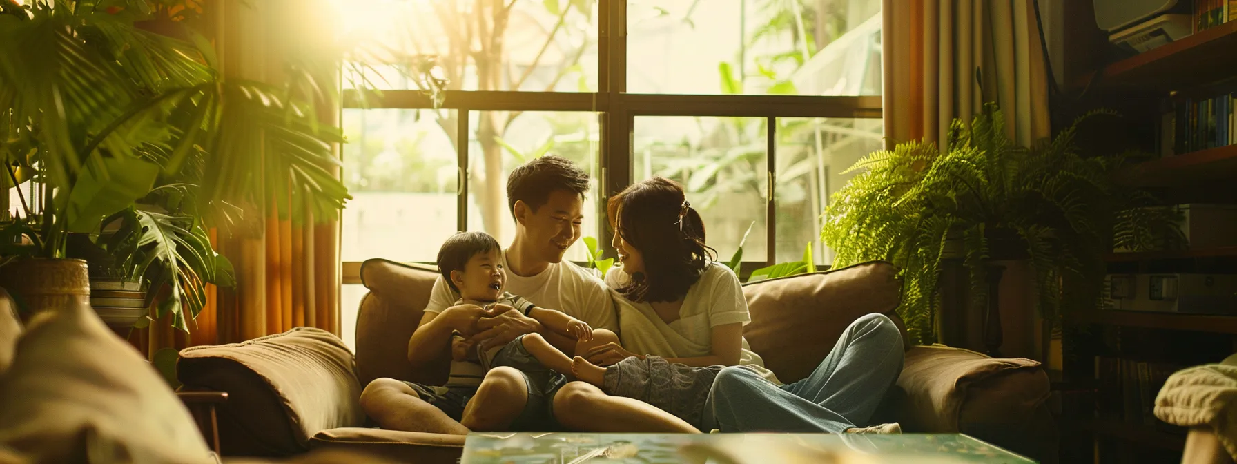 a family happily settled in a cozy rented home, shielded from market fluctuations and property value risks.