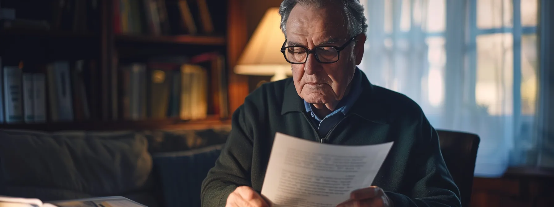 a focused landlord reviewing legal documents in a well-lit home office.