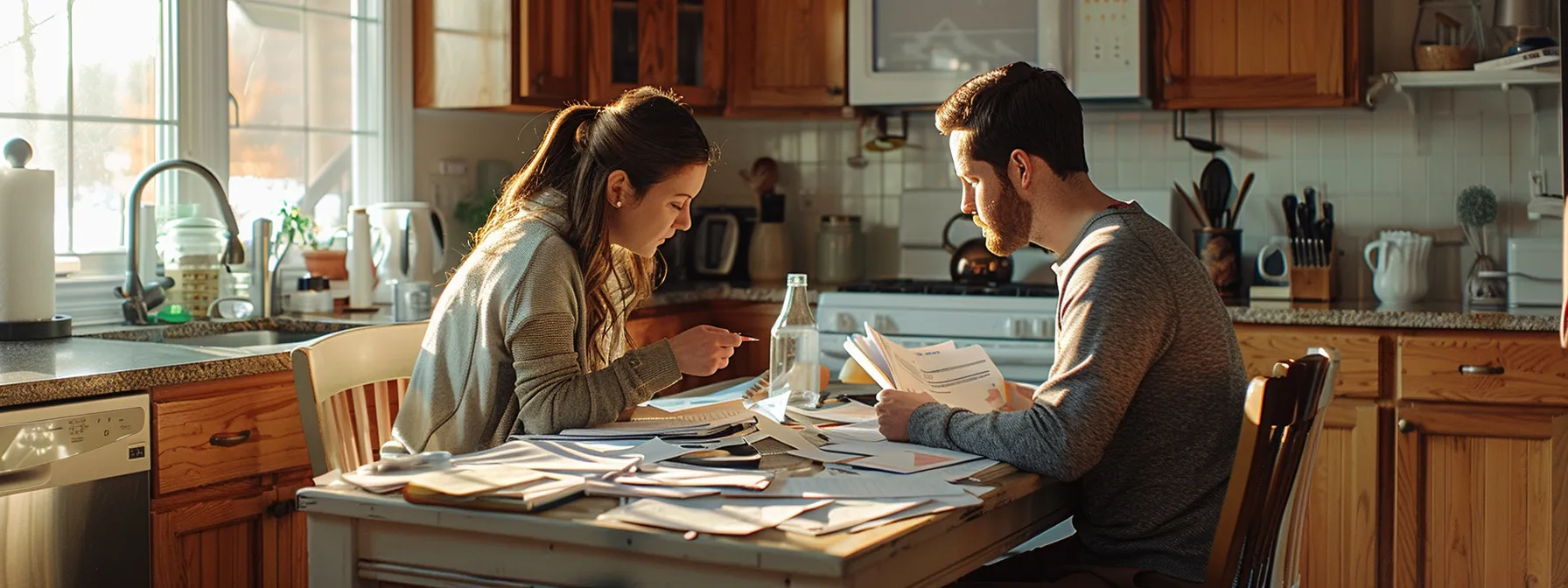 a frustrated couple sitting at a cluttered kitchen table, surrounded by scattered paperwork and contracts, looking worried and stressed about unresolved contingencies in their real estate transaction.