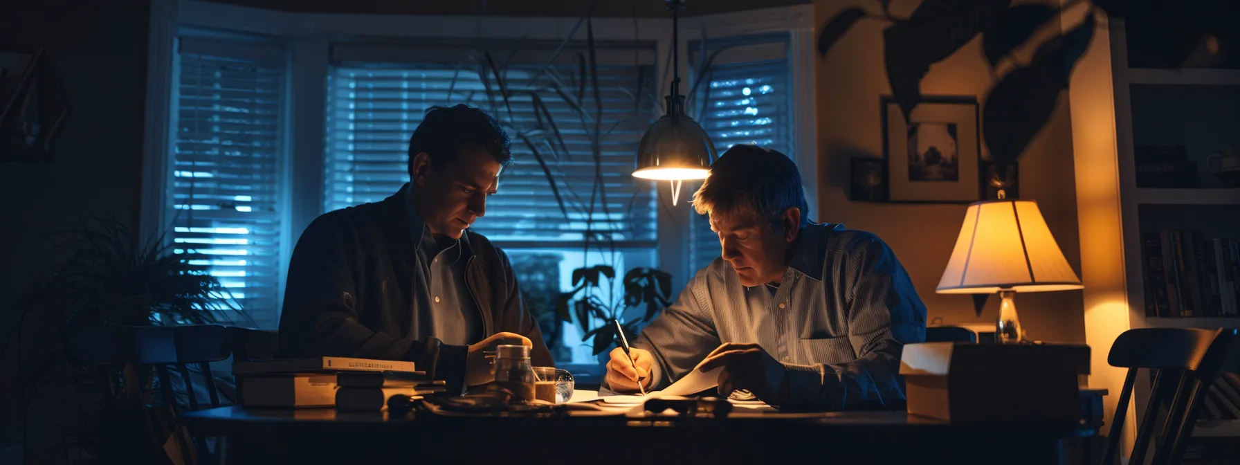 a grantor signing legal documents as a grantee looks on, highlighting the transfer of property rights in a real estate transaction.