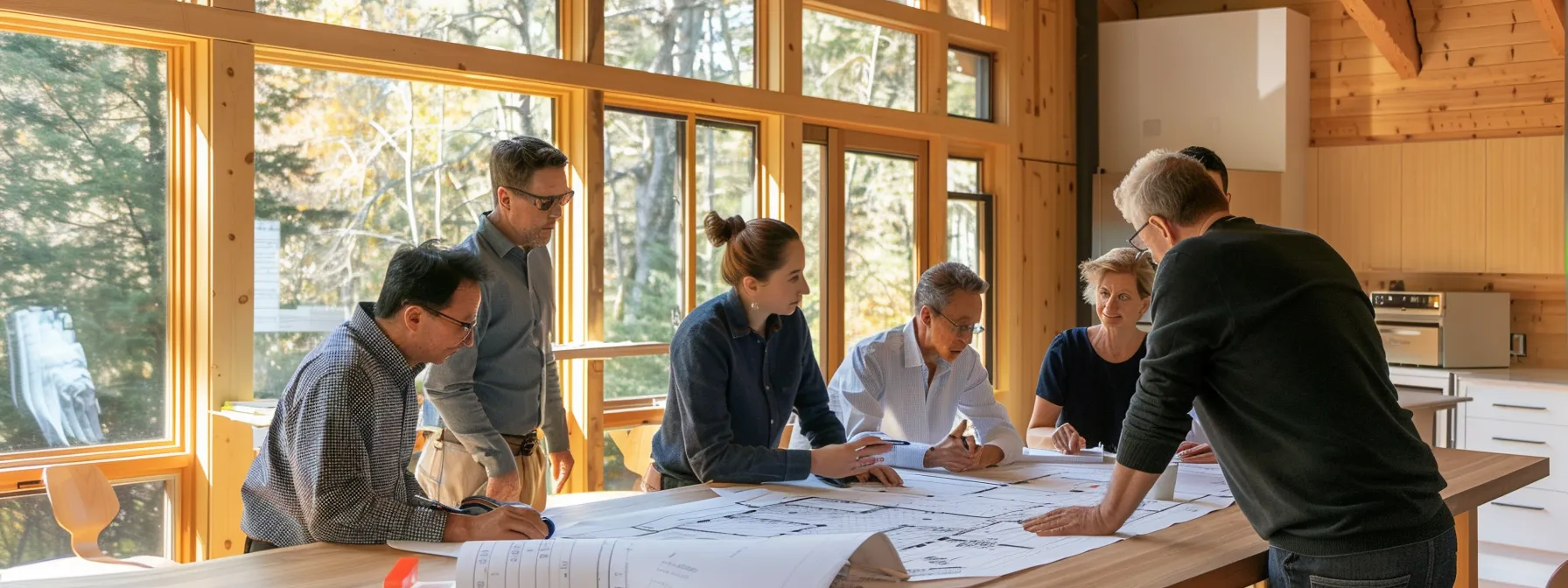 a group of architects and lawyers reviewing blueprints and discussing zoning laws and ownership structures for a multi-generational family compound.