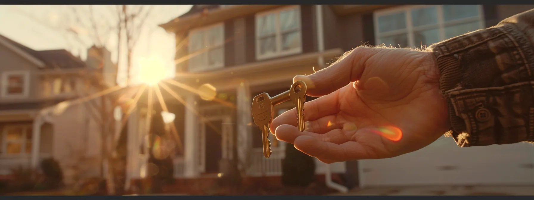 a homeowner handing over a key to a new homeowner in front of a house, symbolizing the transfer of property rights from the grantor to the grantee in a real estate transaction.