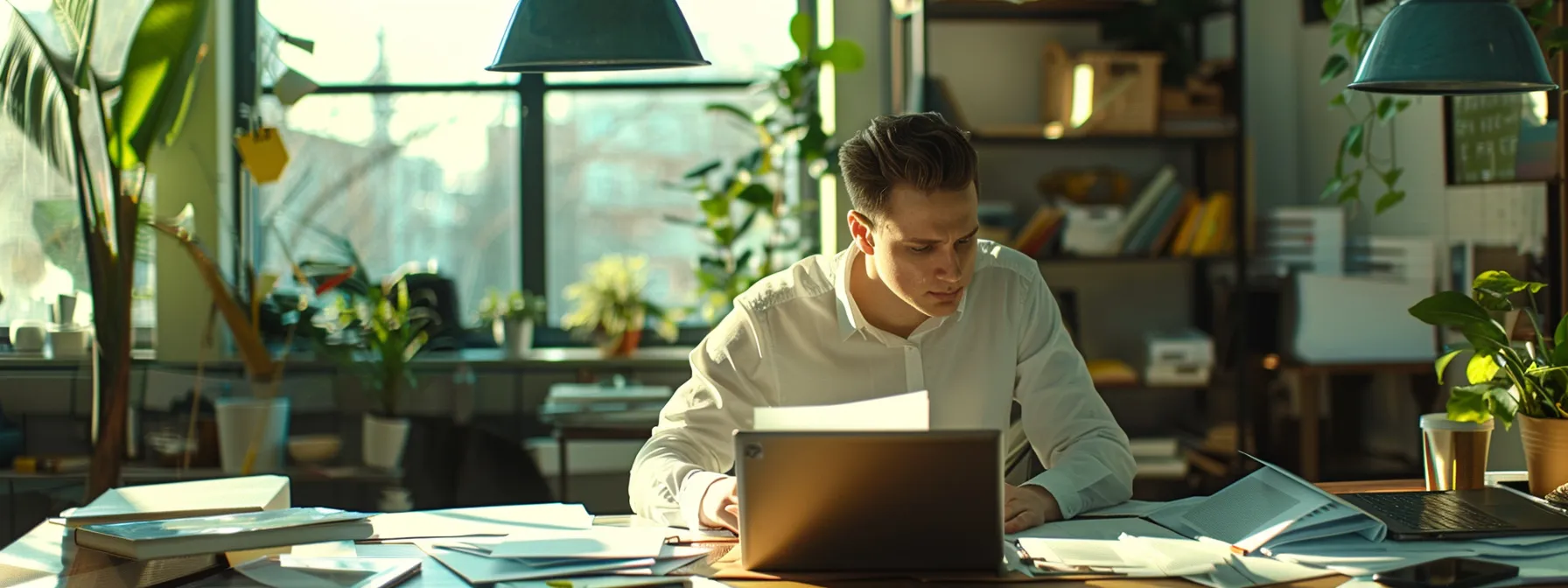 a landlord carefully comparing rental prices and analyzing the local market while sitting at a desk with a laptop and paperwork in a bright, modern office setting.