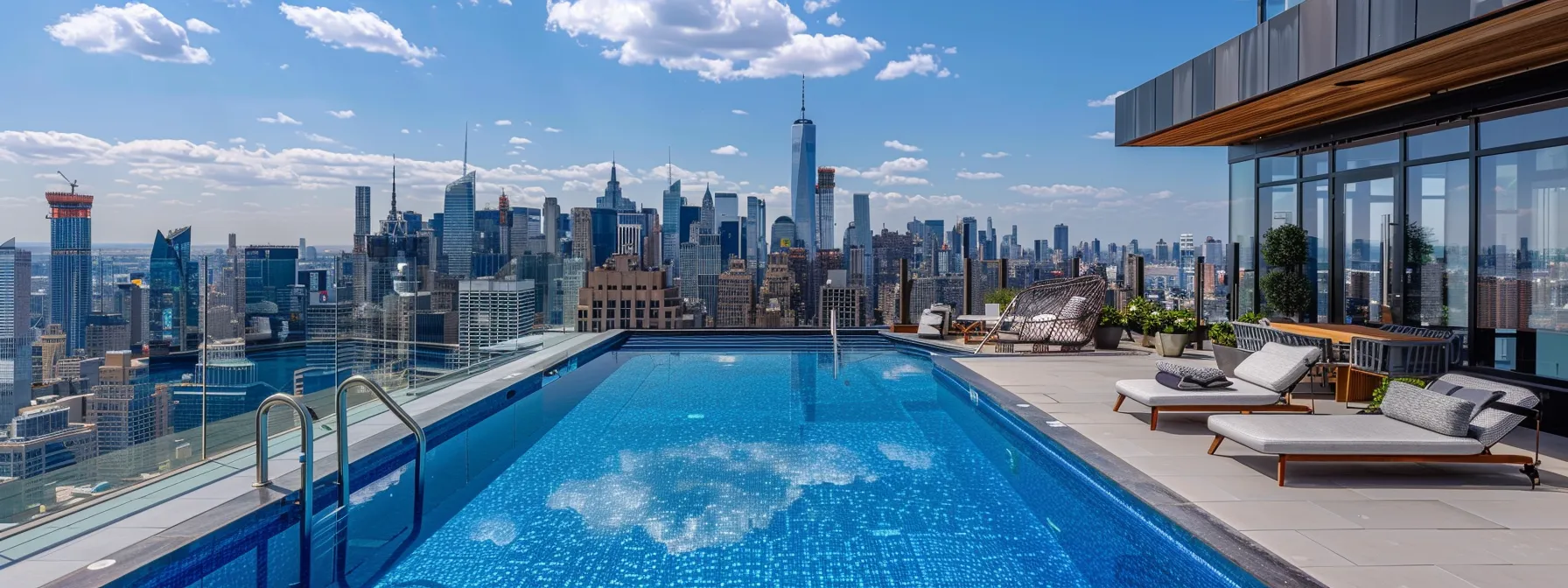 a luxurious rooftop pool with a stunning view of the city skyline, showcasing the perks of accessing amenities through leasing.