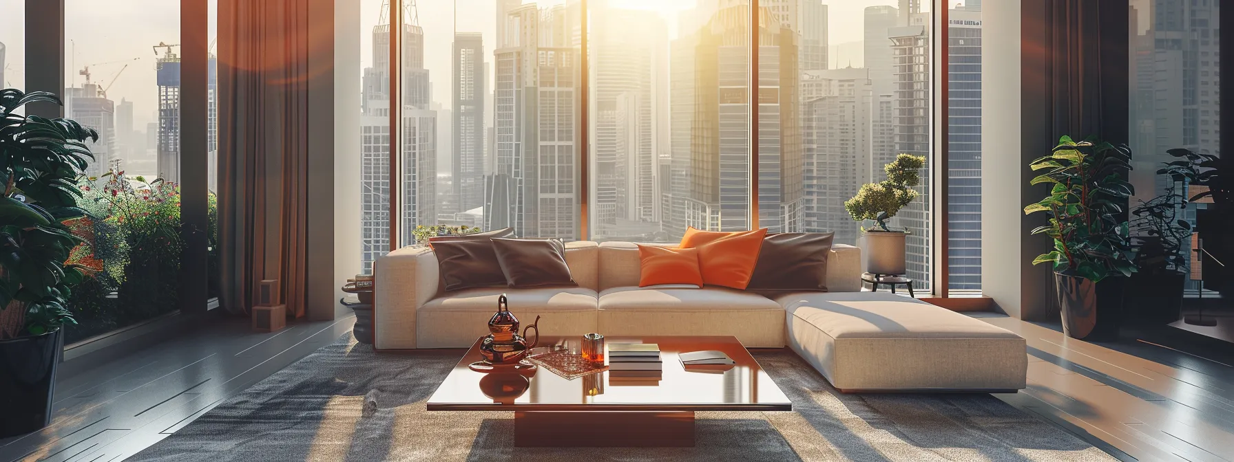 a modern living room with a sleek sofa, a stylish coffee table, and a large window with a view of a city skyline, showcasing the contrast between homeowners and renters insurance costs.