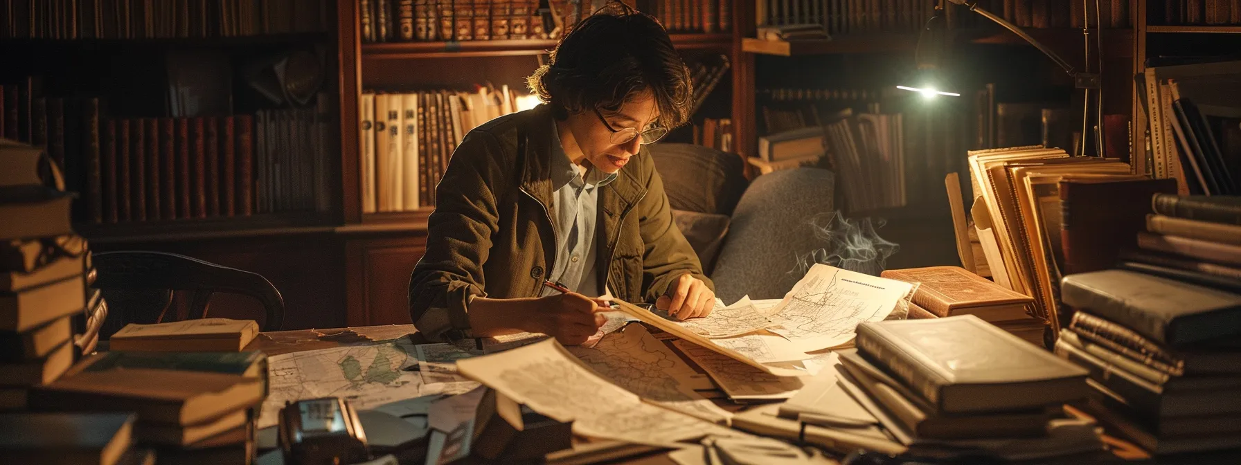 a person carefully examining property documents in a dimly lit room filled with dusty volumes and old maps.