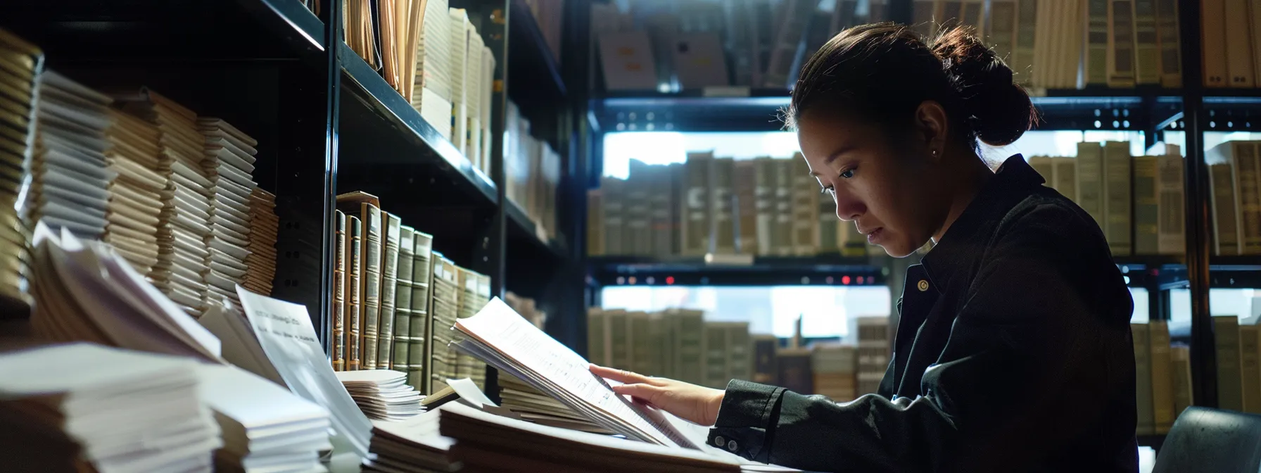 a person carefully examining property records in a busy county recorder's office.