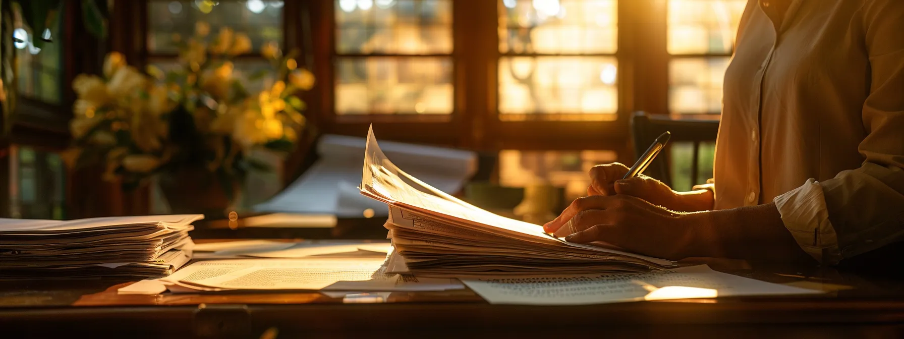 a person carefully examining a stack of official property tax documents in a dimly lit county assessor's office.