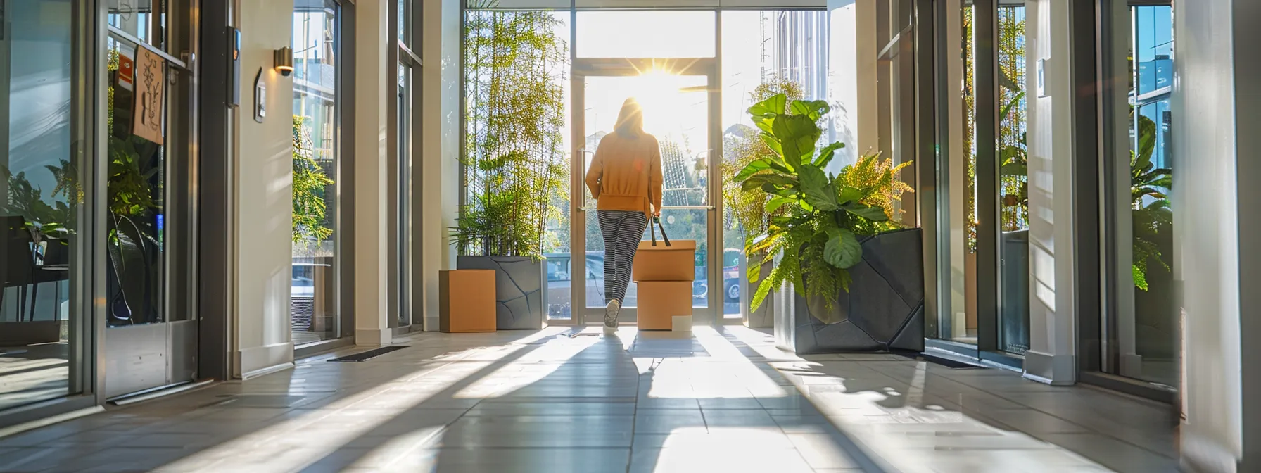 a person happily moving into a new, modern apartment complex, showcasing the freedom and flexibility of leasing arrangements.