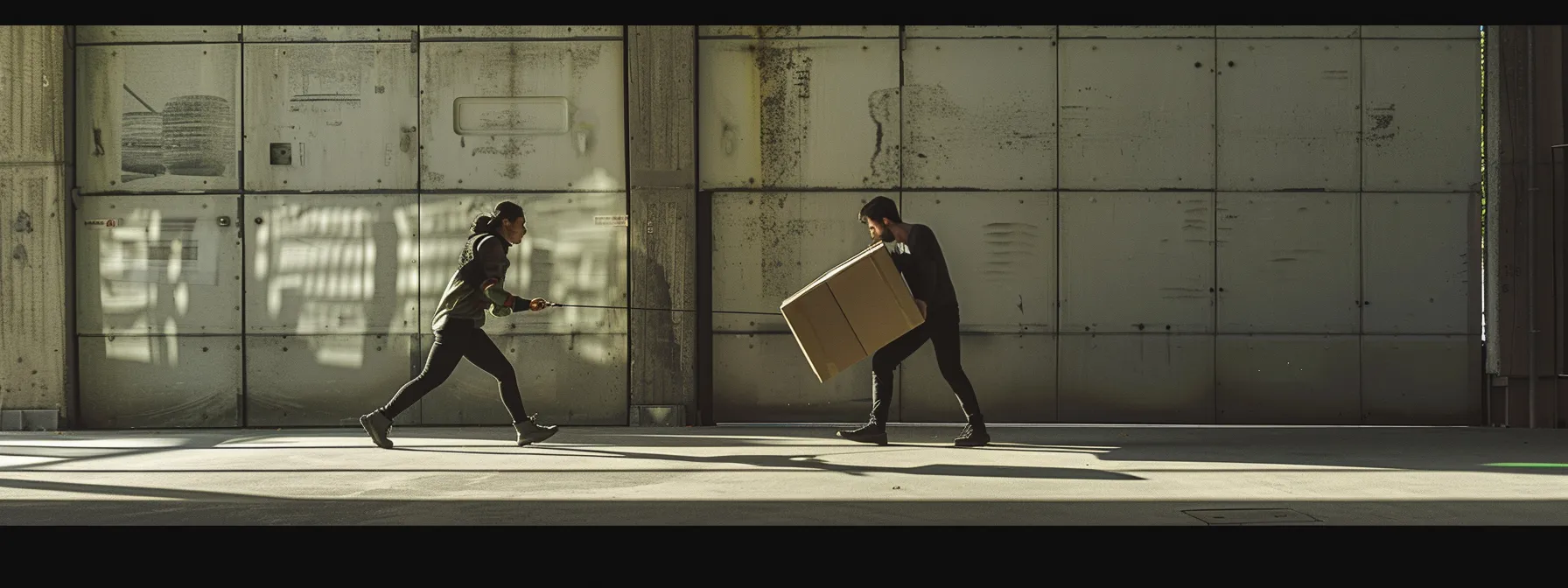 a person pulling a heavy box in one direction while another person pushes the box in the opposite direction, showcasing the concept of calculating net force with forces in opposite directions.