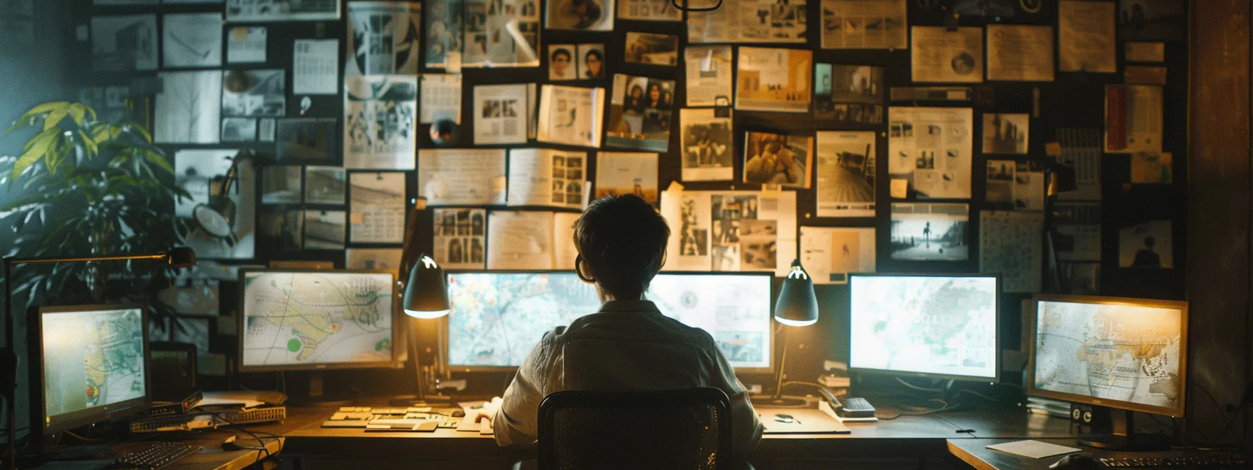 a person sitting at a computer, surrounded by screens showing property details, verifying online ownership information.