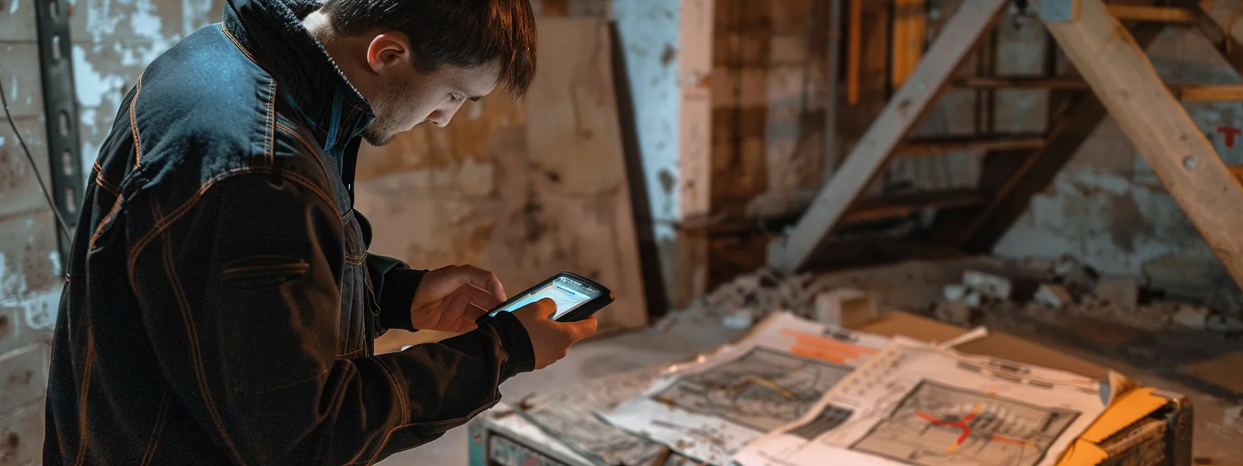 a professional inspector using a high-tech device to scan a basement for termite activity, with detailed inspection reports laid out on a table for analysis.