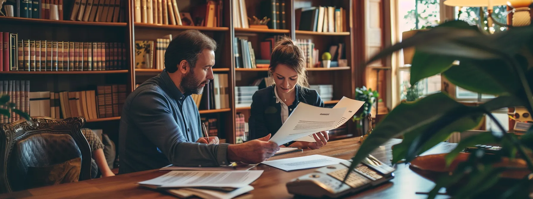 a professional real estate agent reviewing a deed document with a grantor in a well-lit office, surrounded by legal books and paperwork.