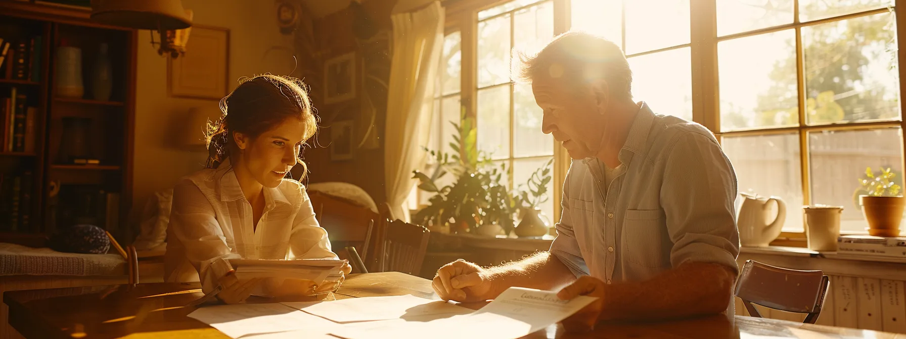 a real estate agent and a home buyer reviewing a detailed termite inspection report on a wooden table in a bright, sunlit room.