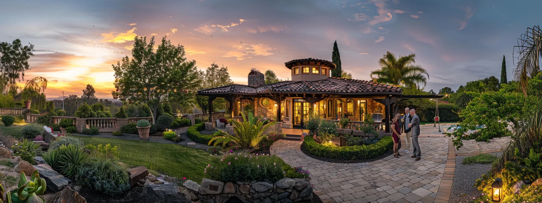 a real estate agent showing a couple a home with a beautiful garden, while discussing financing, appraisal, and home sale contingencies.