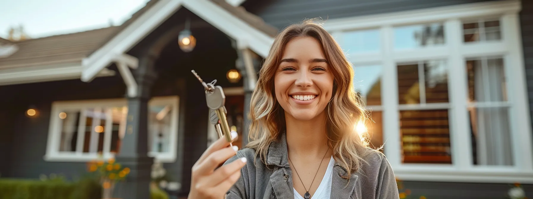 a real estate agent confidently holding a set of keys in front of a beautifully staged open house.