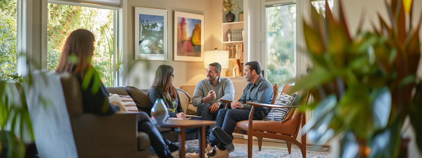 a real estate professional and clients discussing contract terms in a cozy living room during a contingent house sale.