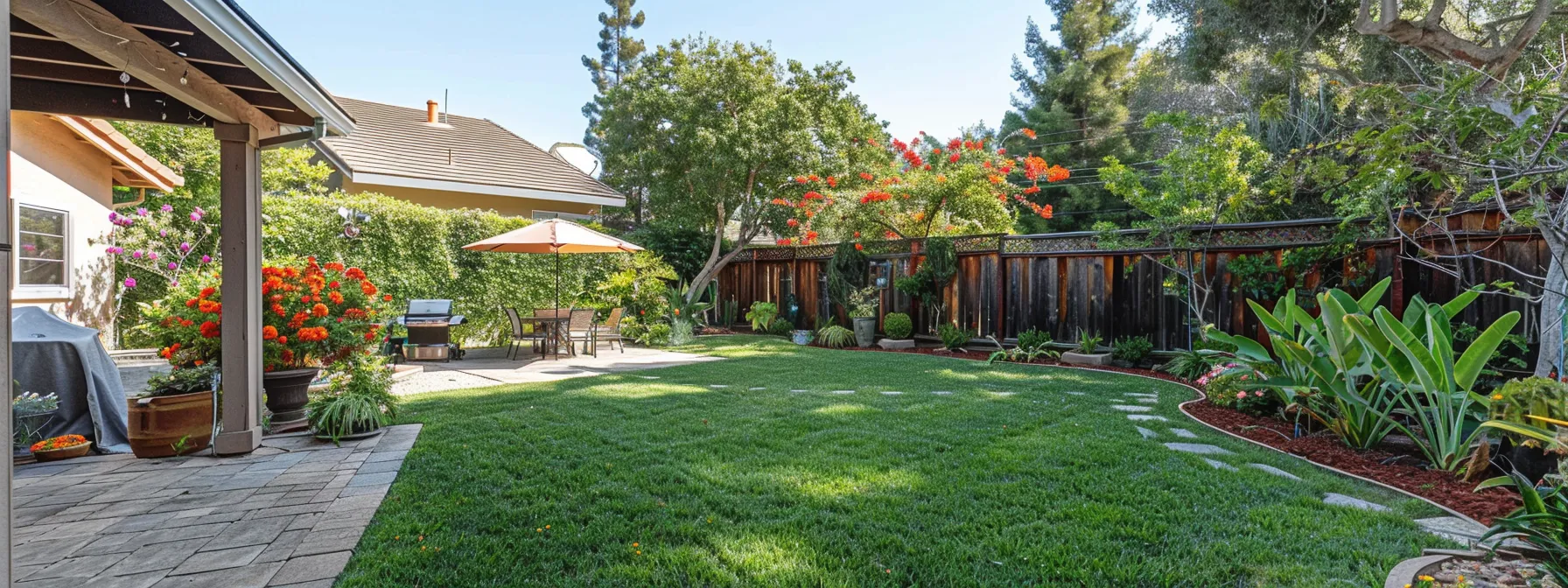 a serene backyard with a lush garden, showcasing a beautifully maintained rental property free of maintenance responsibilities and repair costs.