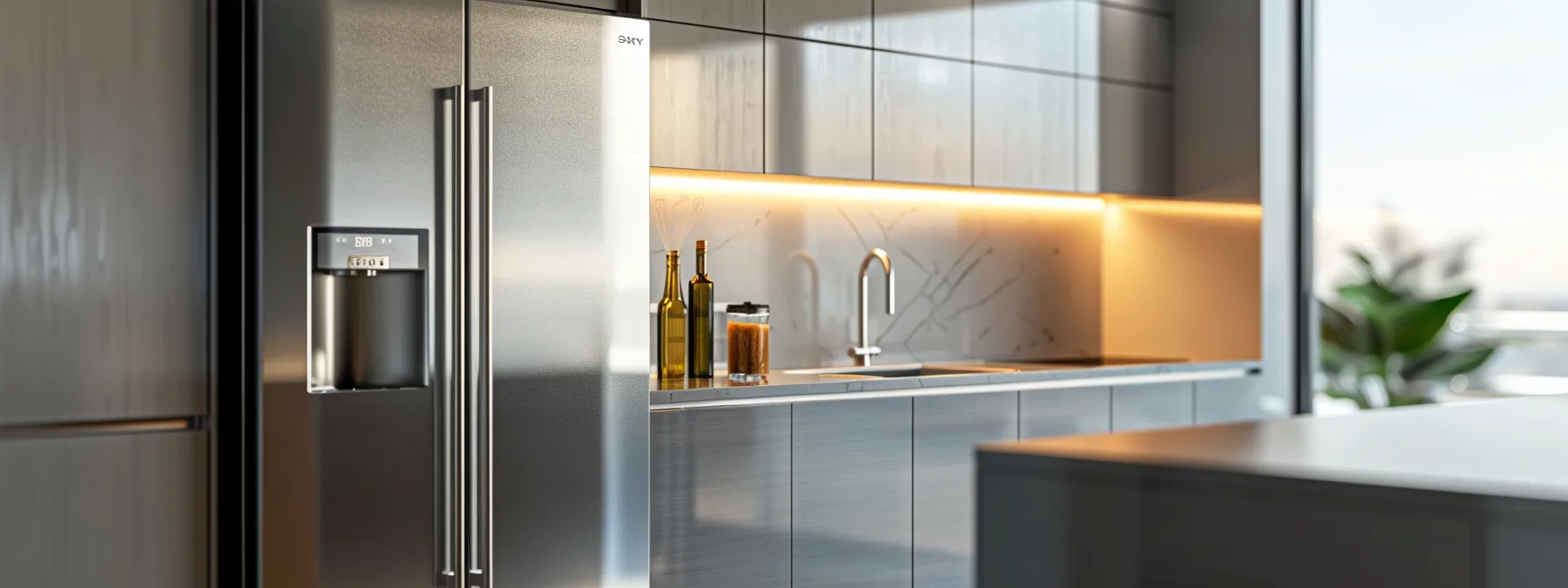 a shiny new refrigerator and icemaker gleaming in a modern kitchen, surrounded by a comforting aura of protection and assurance from a home warranty program.