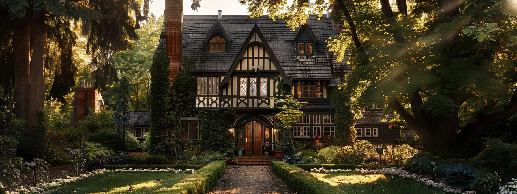 a stately tudor revival home with intricate half-timbering, steep gables, and leaded windows set amidst a lush garden.