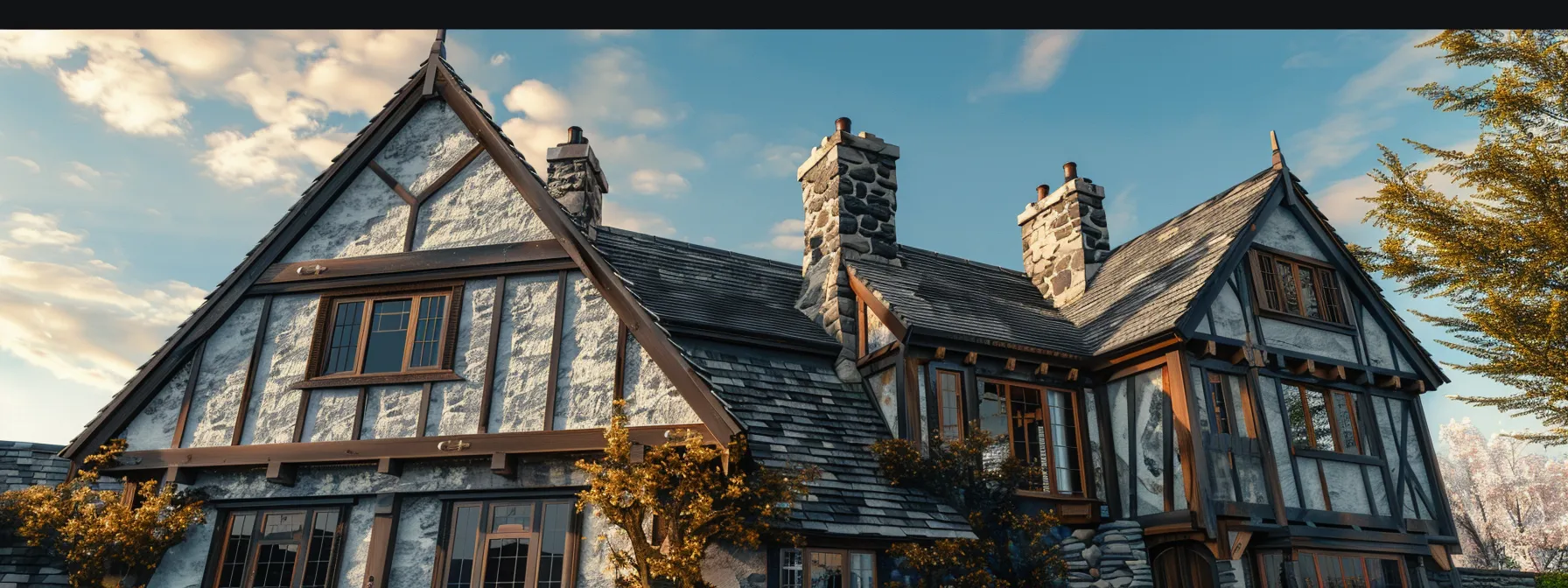 a tudor home featuring elaborate half-timbering, a steeply pitched roof, and a prominent chimney, with leaded glass windows and stone accents adding to its historic charm.