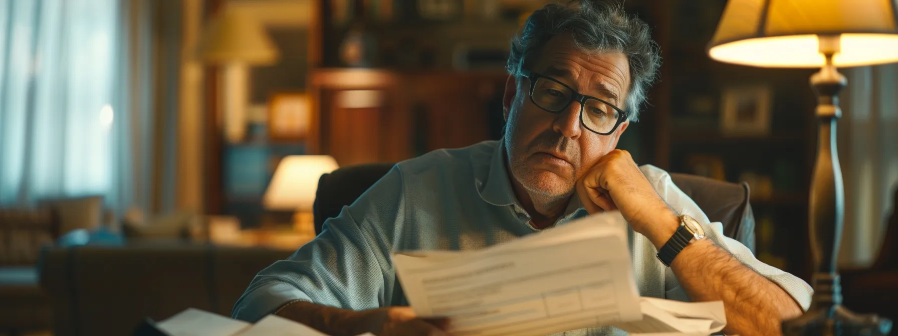 a worried homeowner looking at a contract while surrounded by paperwork and a scale representing the balance of risks and benefits in a real estate transaction.