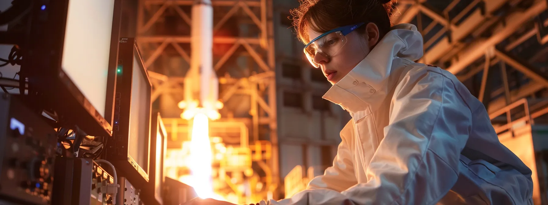 an engineer using net force calculations to determine the acceleration of a rocket during launch.